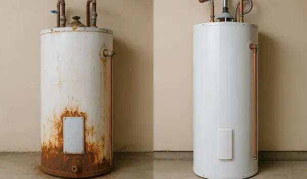 a rusted water heater next to a brand new water heater in Plano, TX - Commercial plumbing services