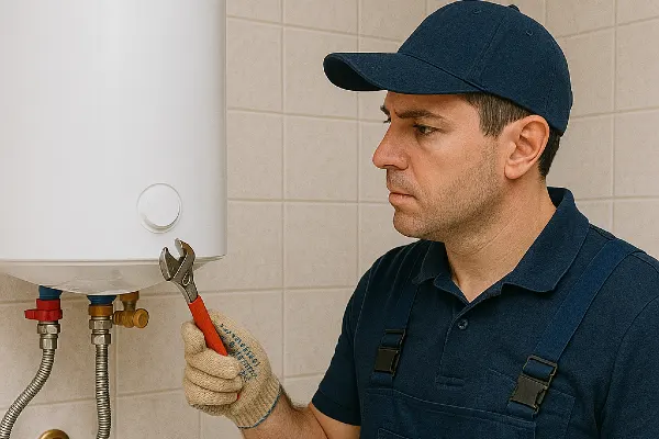 a male plumber working on a water heater mounted on the wall in Plano, TX - Commercial plumbing services