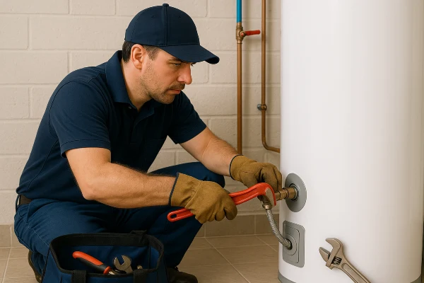 a male plumber working on a water heater connection in Plano, TX - Commercial plumbing services
