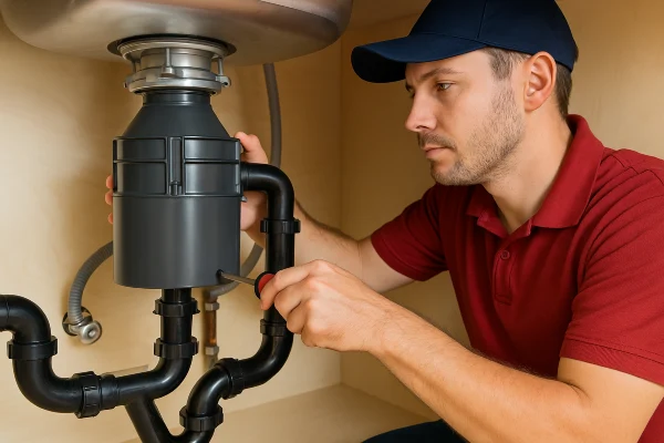 a male plumber using a screwdriver to fix a garbage disposal in Plano, TX - Commercial plumbing services