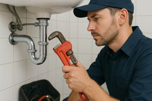 a male plumber installing a water heater in Plano, TX - PRV Replacement