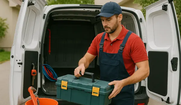 a plumbing technician putting his toolbox back in his van in Plano, TX - Residential Plumbing services
