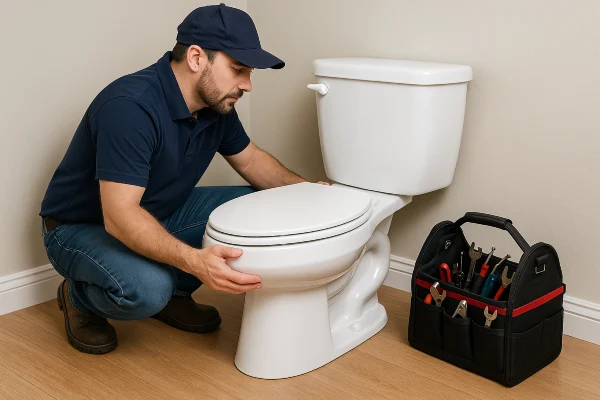 a plumber checking a toilet in Plano, TX - Residential Plumbing services