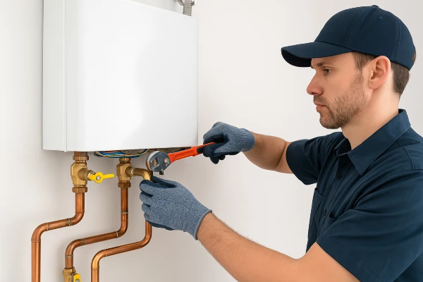 a plumber working on a tankless water heater in Plano, TX - Residential Plumbing services
