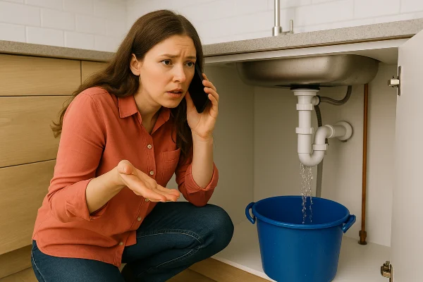 a woman on the phone about a water leak underneath her kitchen sink in Plano, TX - Residential Plumbing services