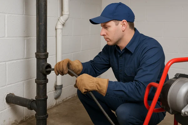 a plumber using a snake to clear a plumbing pipe in Plano, TX - Residential Plumbing services