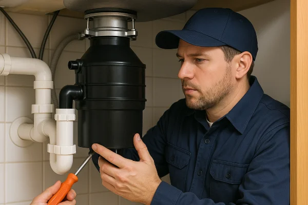 a technician working on a garbage disposal in Plano, TX - Tankless water heater Installation