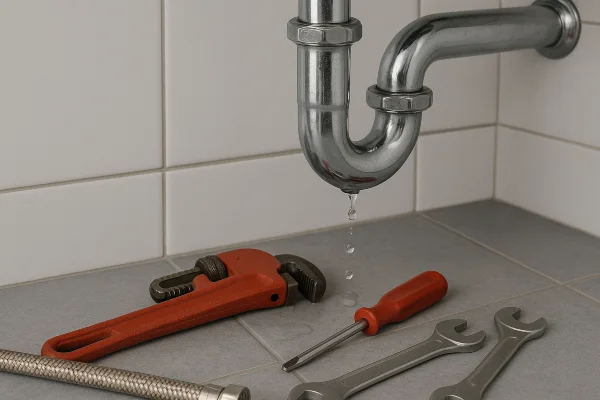a sink water leak and plumbing tools on the floor in Plano, TX - Tankless water heater Installation
