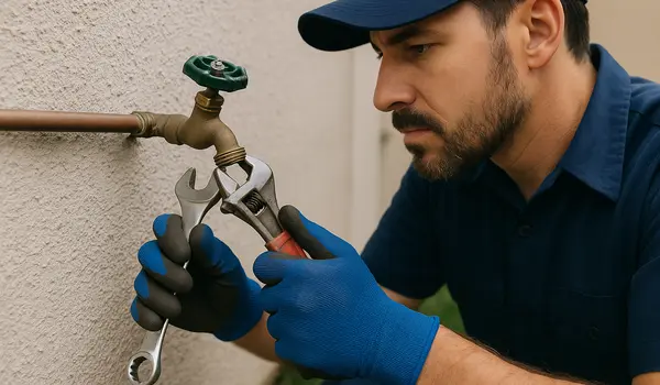 a male plumber fixing an outdoor faucet in Plano, TX - Toilet replacement
