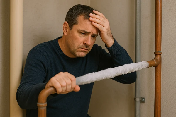 a worried plumber looking at a frozen pipe in Plano, TX - Toilet replacement