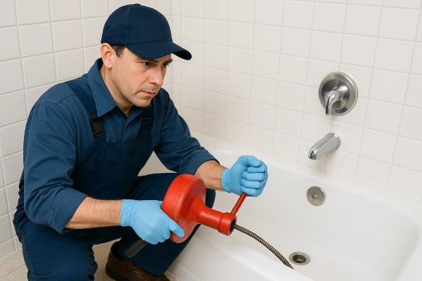 a plumber running a snake to clear a bathtub drain in Plano, TX - Toilet replacement