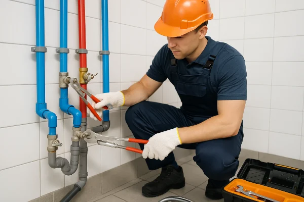 a plumber working on commercial pipe connections in Plano, TX - Toilet replacement
