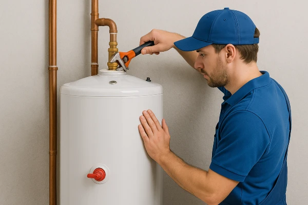 a male plumber installing a garbage disposal in Plano, TX - Water Softener Installation